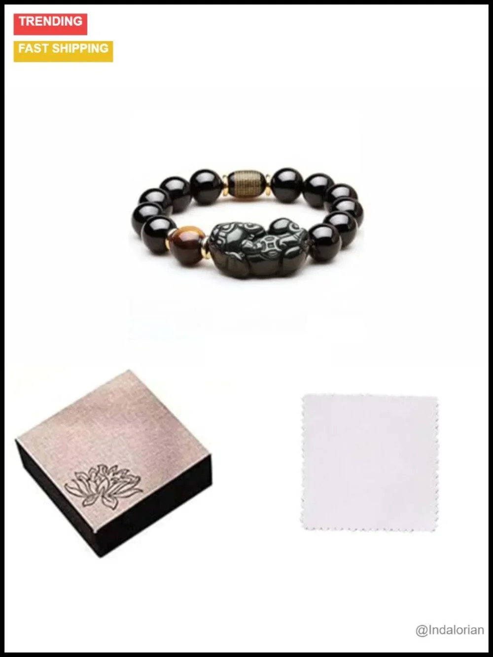 Black Obsidian Healing Crystal Bracelet with Pixiu and Tiger Eye Beads for
